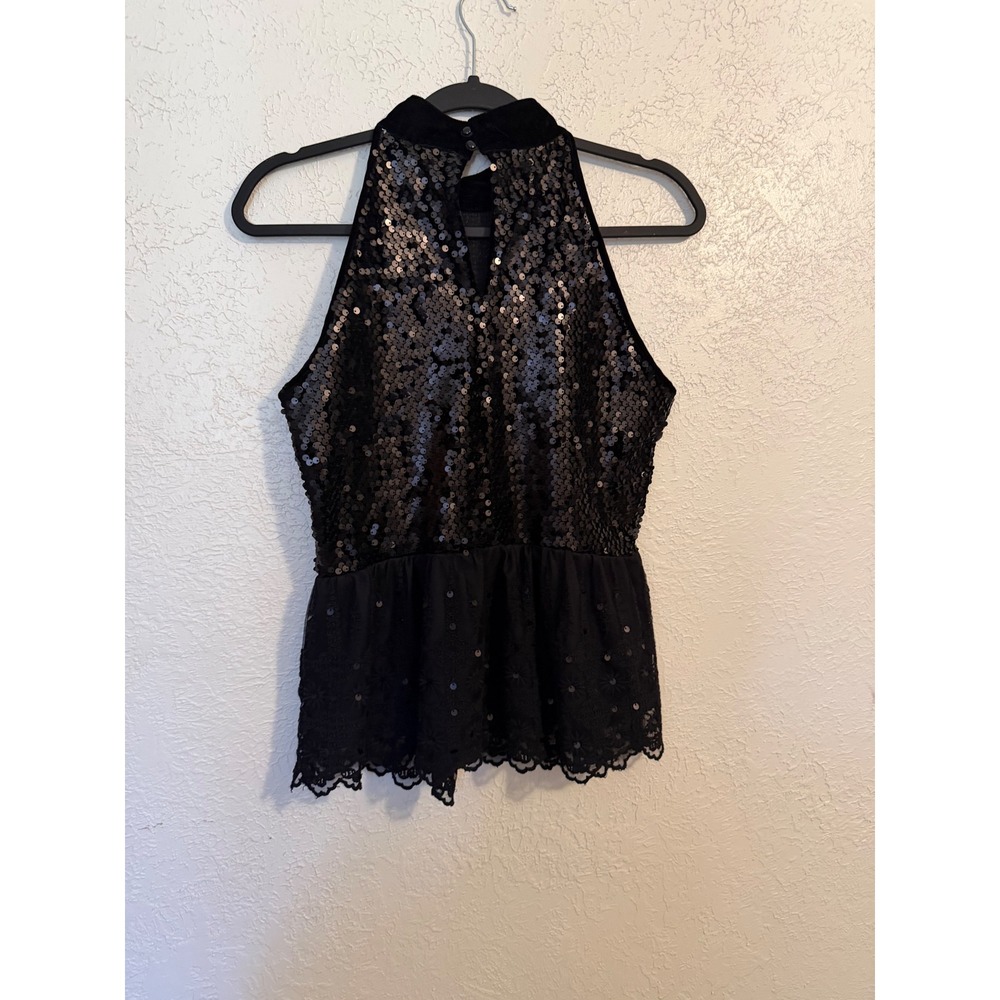 Boston Proper Black Sequin Halter Top Lace Peplum Velvet Neck Keyhole XS - Picture 2 of 8